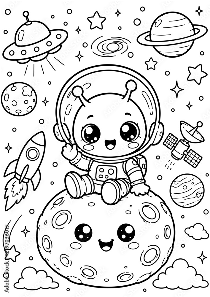 Fototapeta premium Cute Kawaii Alien Space Adventures Coloring Book for Kids