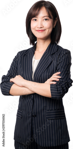 Happy smiling asian business woman standing with crossed arms modern professional working artificial intelligence chatbot technology system isolated studio background