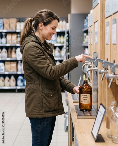 Woman filling reusable amber glass bottle at laundry detergent refill station in supermarket