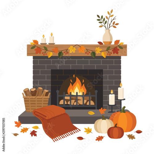 Autumnal Fireplace Scene with Pumpkins Leaves and Warm Blanket Illustration