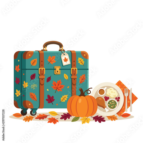 Autumn Travel Suitcase with Thanksgiving Meal Fall Leaves and Pumpkin