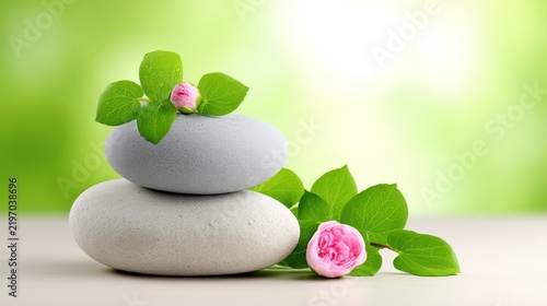 Stack of smooth zen stones with pink flowers and green leaves on spring background