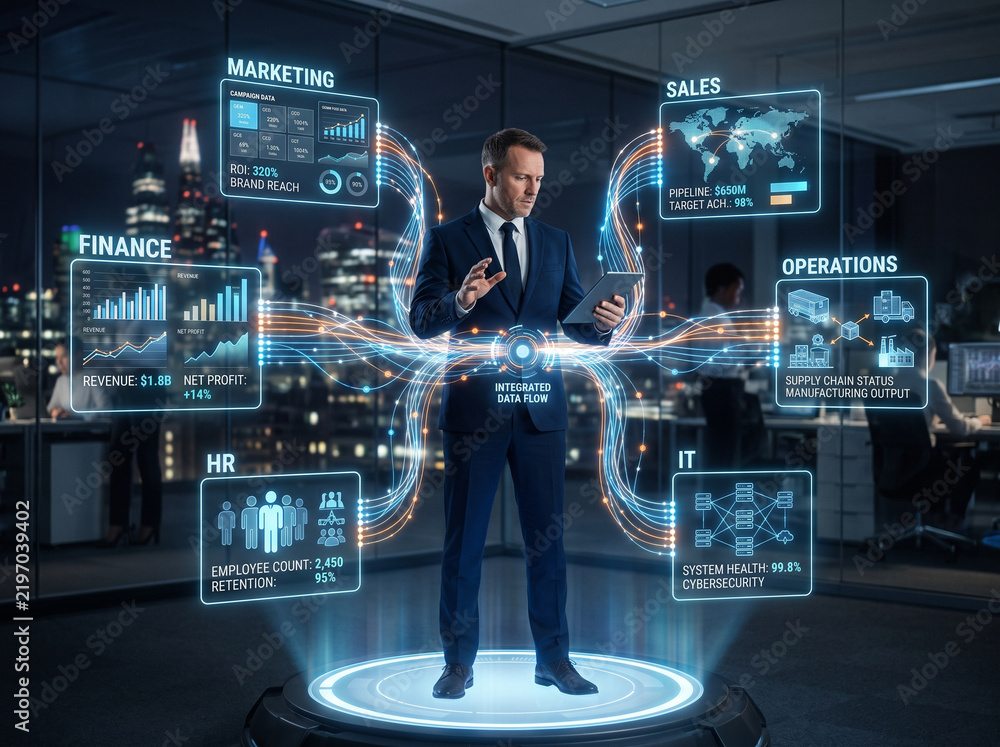 Obraz premium Connected Enterprise — businessman surrounded by holographic departments including finance, HR, sales, IT, marketing, and operations connected by data streams.