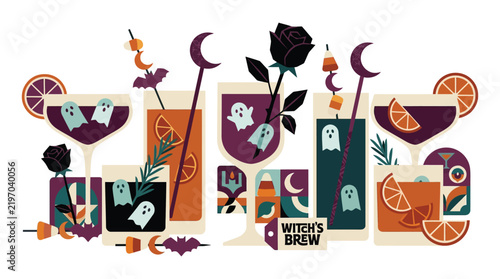 Halloween cocktails vector illustration with spooky ghosts and witch brew elements