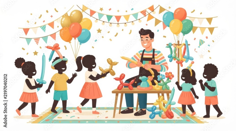 Fototapeta premium Kids enjoy a birthday party with cake and balloon decorations while an entertainer creates balloon animals.