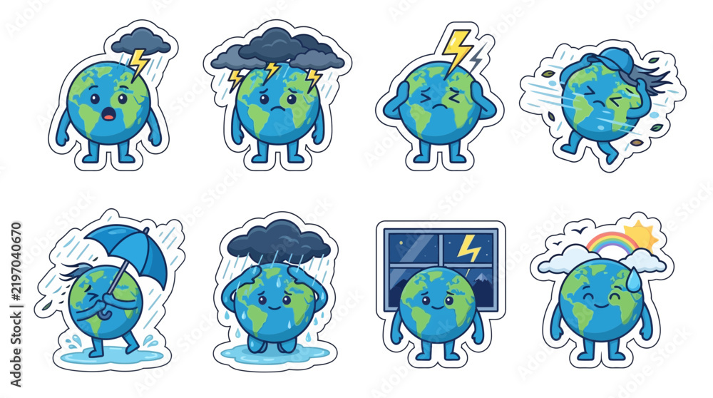 Obraz premium Earth Globe Mascot Sticker Set Reacting to Stormy Weather
