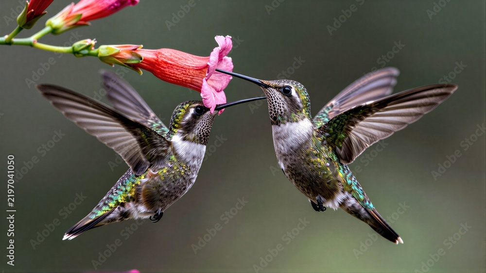Obraz premium Two hummingbirds hover near a pink flower, wings blurred in motion.