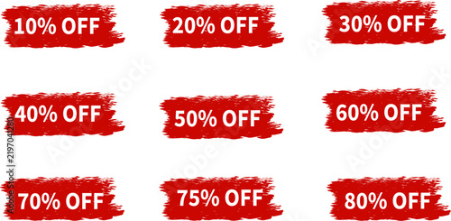 Red discount sale badges with percentage off lettering and grunge brush stroke design