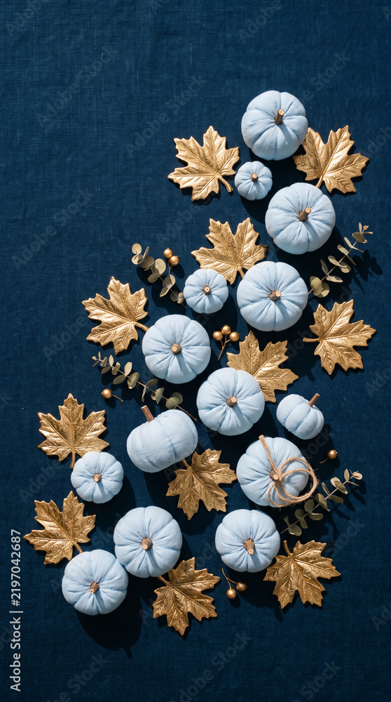Obraz premium Light blue pumpkins and golden maple leaves scattered on a dark blue textured background, symbolizing autumn harvest and festive decoration
