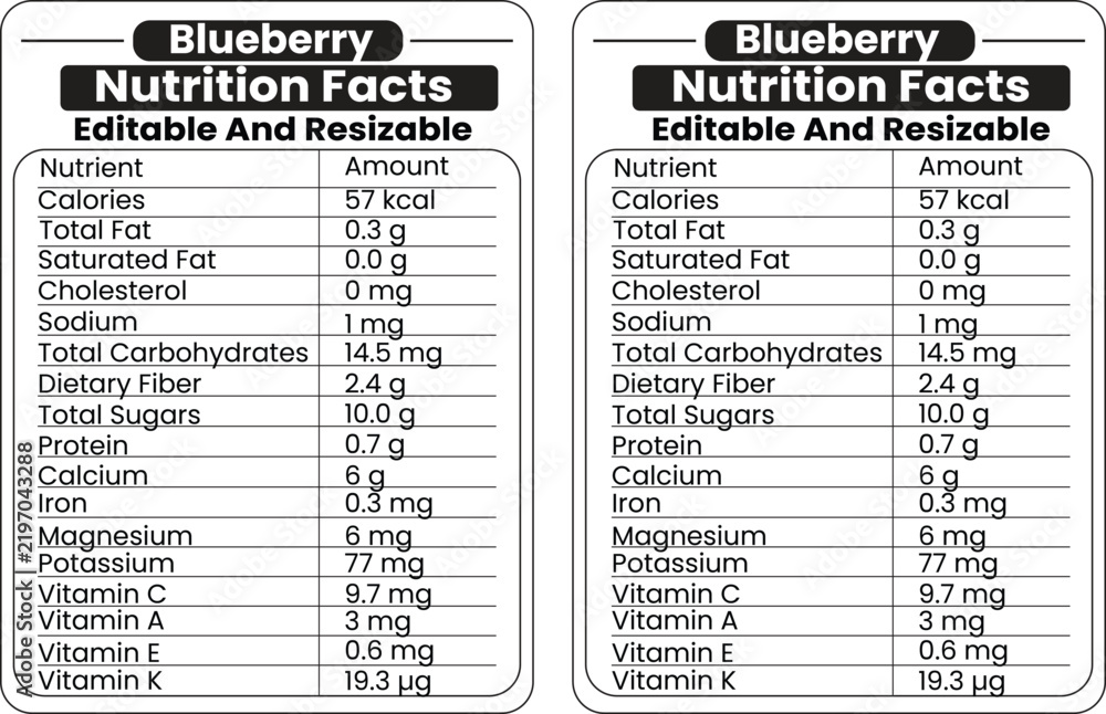 Fototapeta premium Blueberry nutrition facts label design template with editable and resizable text for food packaging and health infographics