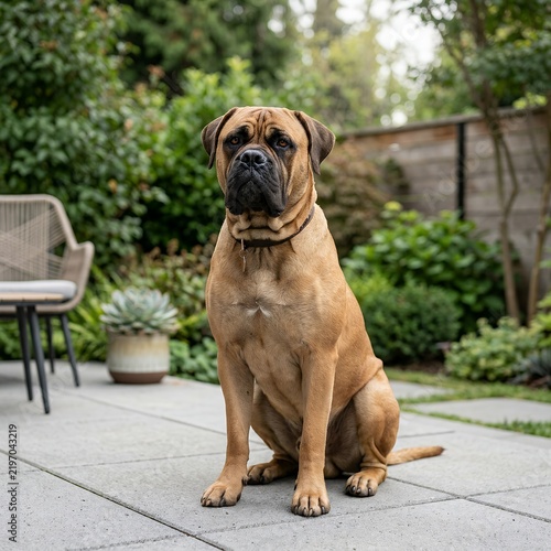 Large Mastiff Dog Sitting Outdoors in a Garden Patio.