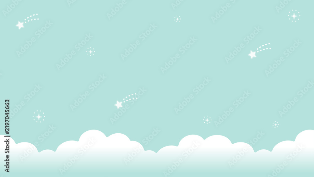 Obraz premium 雲と星空のパステルグリーン背景ベクター（AI形式・16:9・流れ星・ゆめかわ・ファンタジー）