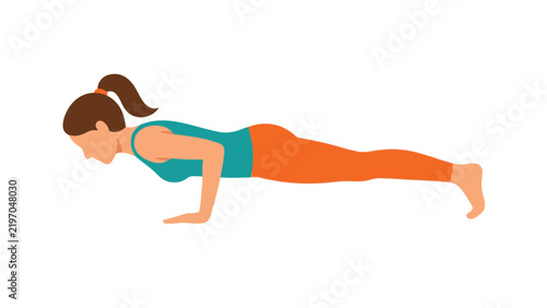 Athletic woman performing a flat plank exercise in this vibrant flat style vector graphic design illustration