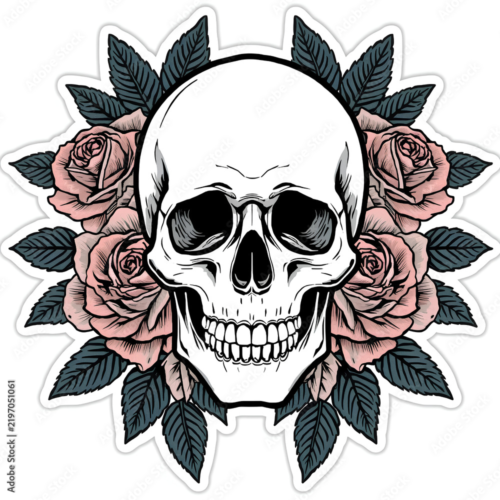 Fototapeta premium Human skull surrounded by detailed pink roses and dark green leaves presented as a vibrant sticker style vector graphic illustration