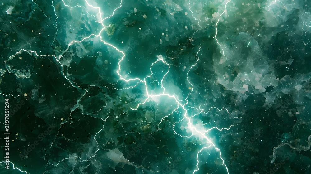 Fototapeta premium Exquisite high fashion photography capturing an ultra-detailed translucent jade stone slab with countless glowing white lightning and mysterious light texture background