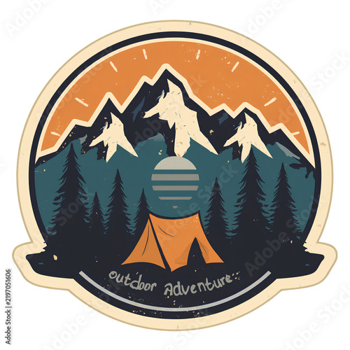 Vintage circular badge design featuring majestic mountain peaks and dense pine forest with a camping tent for outdoor adventure enthusiasts