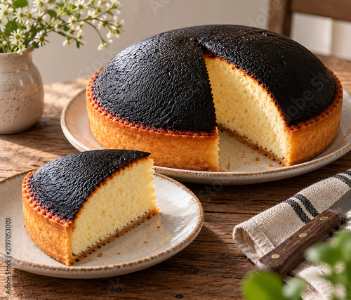 Tourteau fromagé entier et en part sur une table de terroir, mise en scène d'une spécialité poitevine et de la pâtisserie régionale
