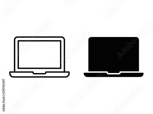 Laptop computer icon set featuring outline and solid black silhouette designs for digital interface