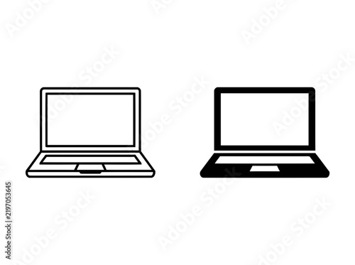 Set of two laptop computer icons featuring outline and solid black styles for digital interface design