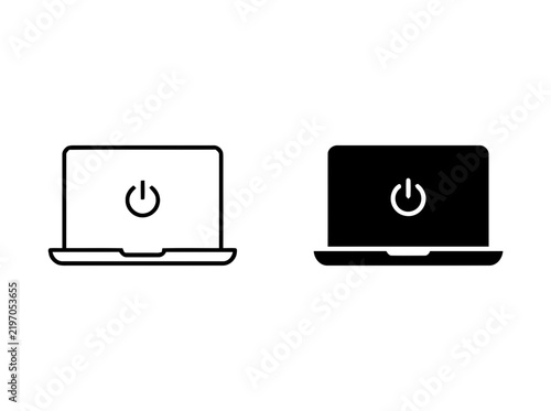 Laptop power off icon set featuring outline and solid black computer symbols for user interface design