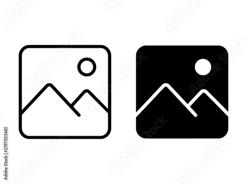 Set of square image placeholder icons featuring mountain and sun symbols in outline and solid styles