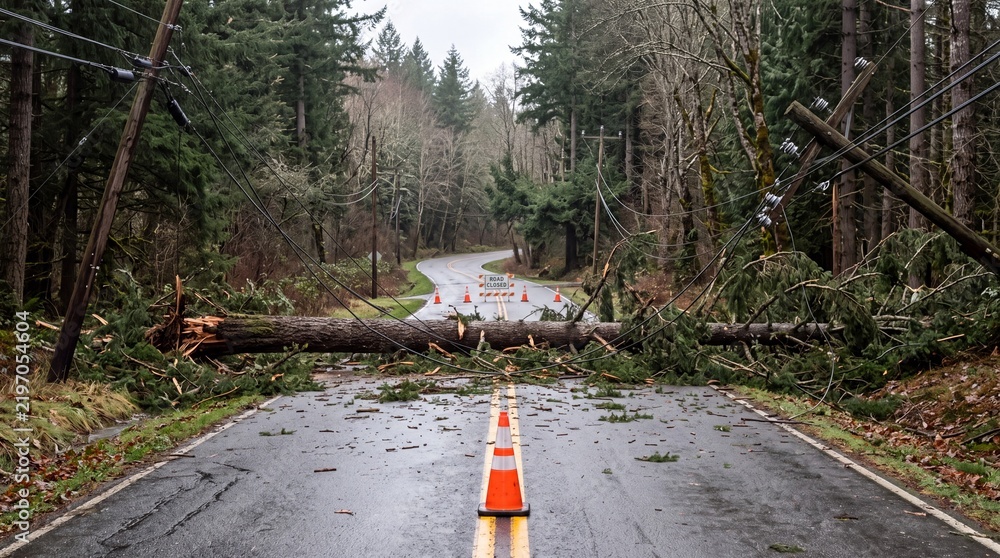 Obraz premium Fallen evergreen tree crushes utility pole with downed power line across wet asphalt road. Traffic cones and closure signs block damaged rural highway after storm disaster.