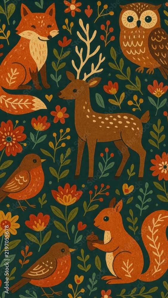 Fototapeta premium Whimsical woodland animals pattern mobile wallpaper