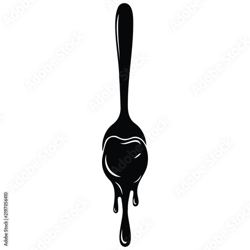Spoon with melting dripping chocolate silhouette illustration for dessert food vector art.