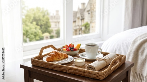 Luxury hotel breakfast tray with coffee