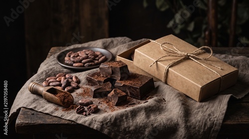 Artisan dark chocolate pieces with cocoa beans