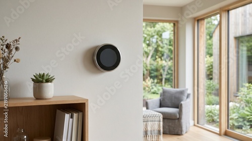 Minimal smart thermostat mounted on a modern interior wall with a