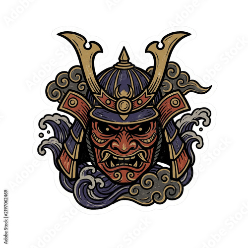 Traditional japanese samurai mask illustration featuring intricate armor details with gold accents and stylized blue clouds on a clean background