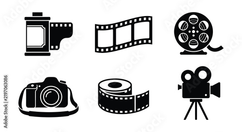 Картината върху платно Film equipment icons depict cameras projectors and film reels in black silhouett