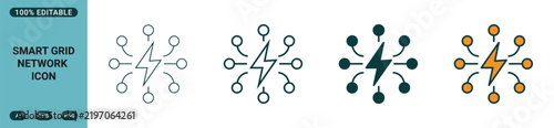 Smart grid network icon set, digital energy distribution concept, power supply connection symbol, electrical infrastructure vector illustration, modern technology design