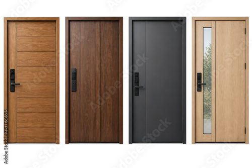 Door wood metal glass entry panel set with handle, frame, modern home entrance