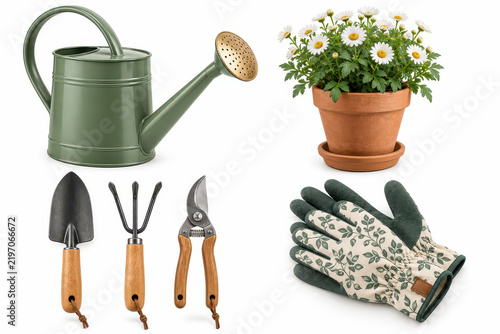 Watering can, flowerpot, daisy, trowel, garden glove with pruner