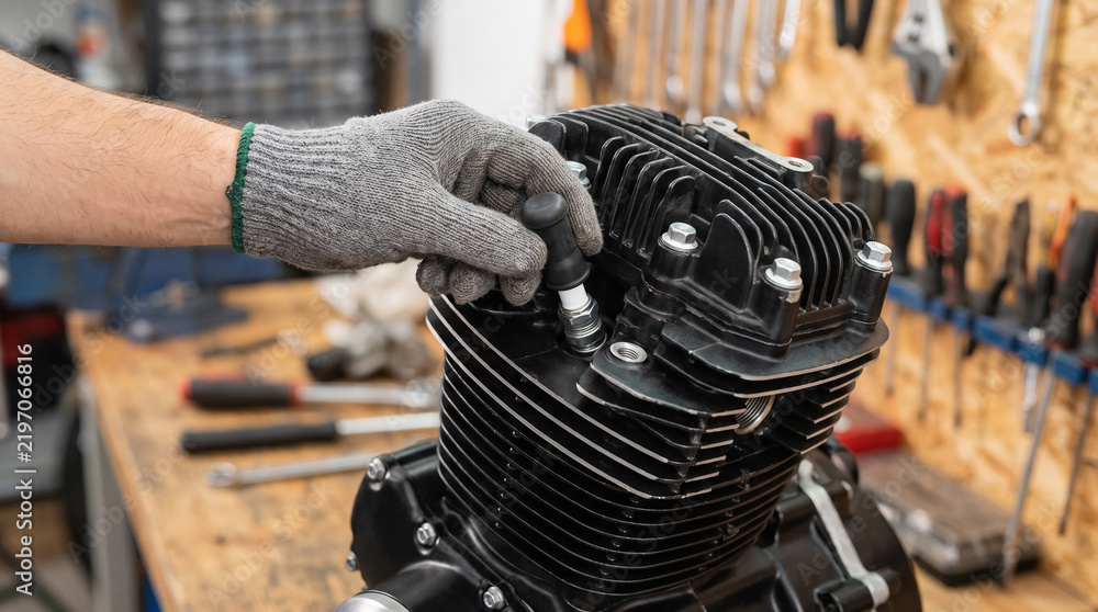 Fototapeta premium Mechanic hand in glove tightening bolt on black motorcycle engine in workshop with tools on the wall