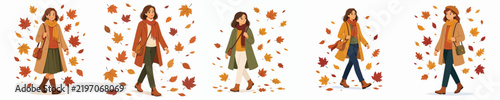 Vector a woman wearing an autumn outfit walking amidst falling leaves. Autumn theme. Vector, flat, illustration, minimalist