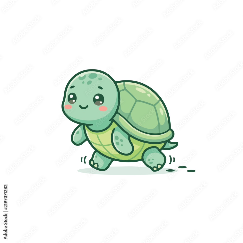 Obraz premium Cute cartoon green turtle walking and smiling on white background