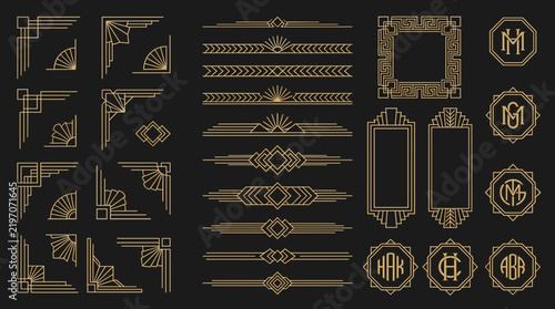 Art Deco design elements set with gold geometric borders and corners. Luxury vintage frames and dividers in 1920s Gatsby style. Elegant golden monograms and ornaments for wedding invitations.