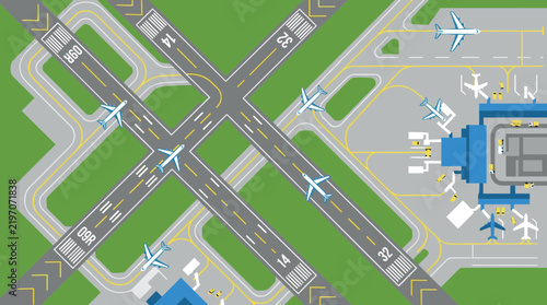 Aerial airport runway vector illustration, top view of commercial airfield terminal with airplanes and taxiways, flat design aviation map with planes on landing strips and terminal gates