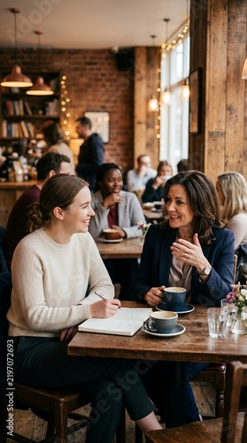 Two women in a cafe discussing business over coffee and notebooks.