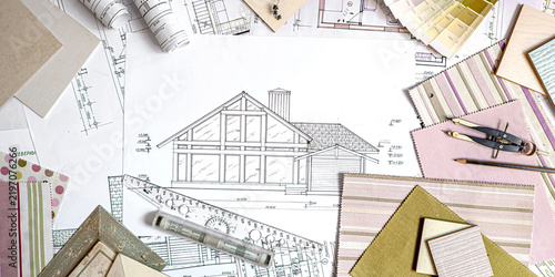 Residential house blueprint with floor plans, landscape design, color swatches and material samples, concept of sustainable architecture, home renovation and construction planning.