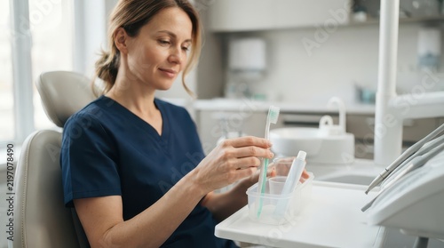 Woman in navy scrubs holding a toothbrush over a clear container