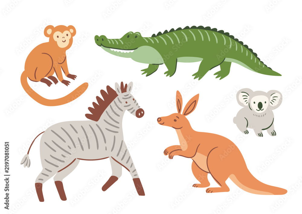 Fototapeta premium Vector set of cute Australian animals. Zebra, kangaroo, crocodile, monkey, and koala. Safari animal illustrations isolated on white background. 