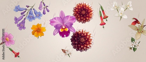 Hispanic Heritage Month celebration vector banner with botanical floral elements and colorful blooming flowers