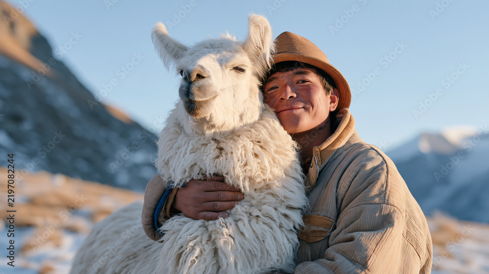 Obraz premium A Tibetan herder poses affectionately with a woolly llama at a mountain sanctuary on national llama day in December, frost-tipped grass and snow-dusted peaks visible in the wide