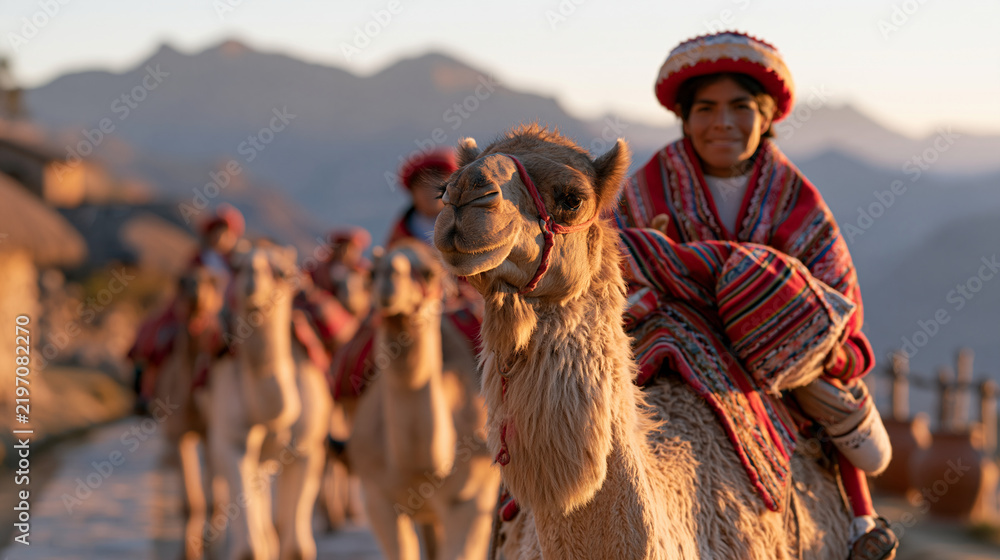 Obraz premium A camel driver leads her herd at dusk while onlookers celebrate national llama day in December with a spinning llama-wool demonstration outside a South American highland