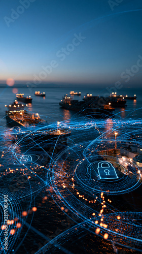 Bright glowing digital network connections and security padlock icons overlaid on a fleet of oil tankers under a clear sunny sky maritime cybersecurity concept internet