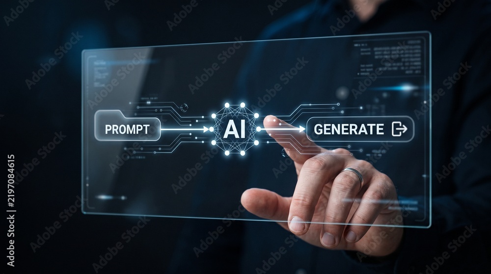 Obraz premium A person's finger touches a futuristic holographic interface displaying the AI prompt and generate process, symbolizing artificial intelligence and digital creation.
